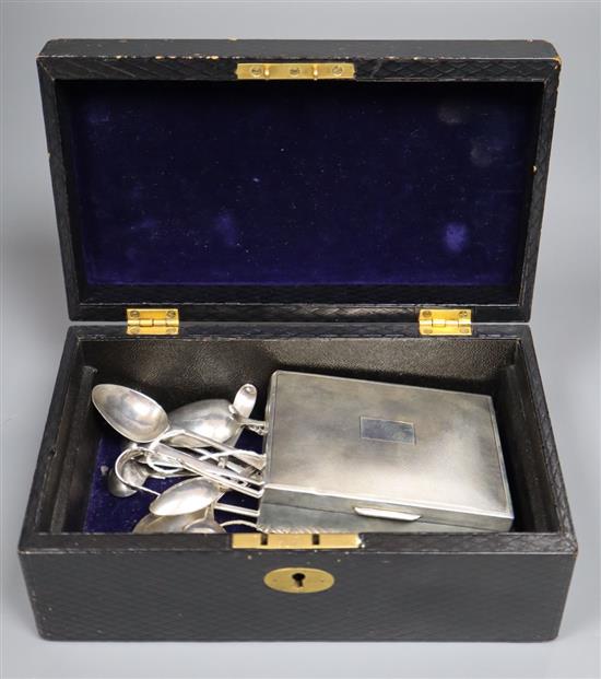 A silver cigarette box and assorted small silver flatware, in a morocco leather jewellery box.